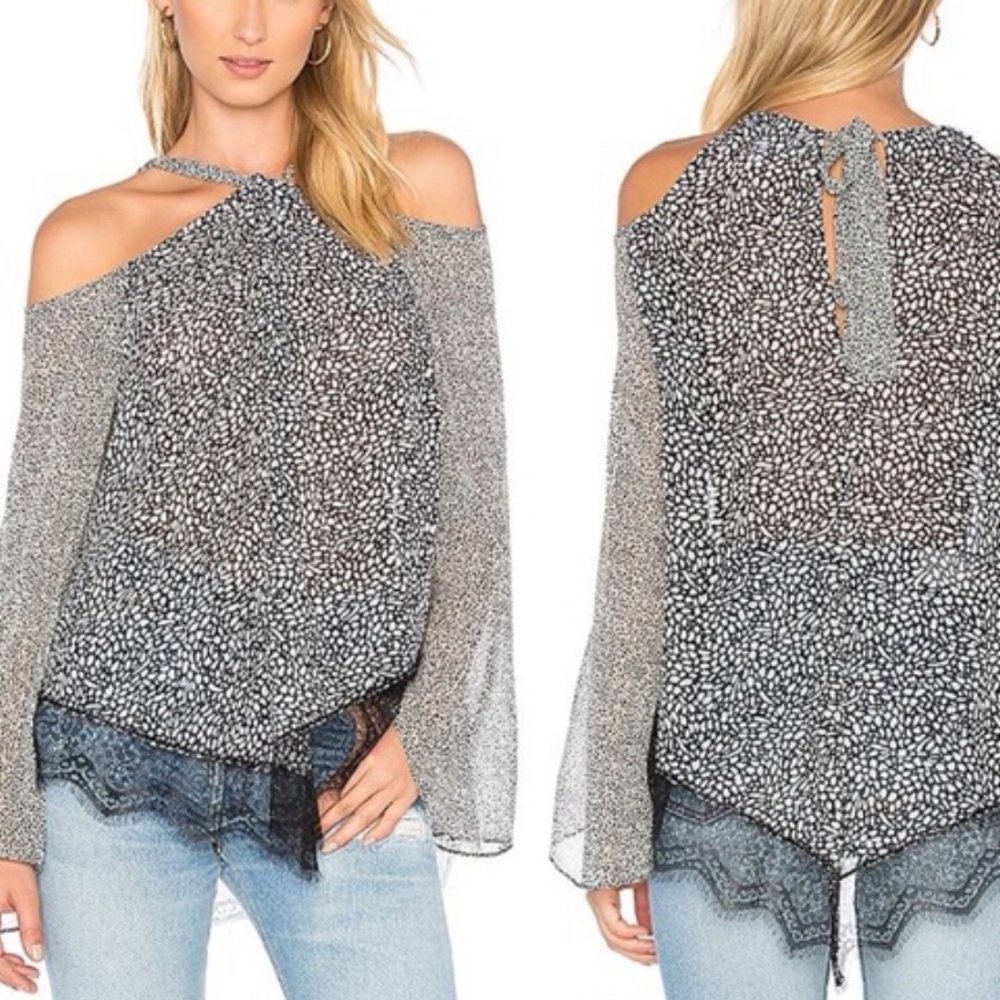 Derek Lam B&W Cold Shoulder Halter Top Lace Trim